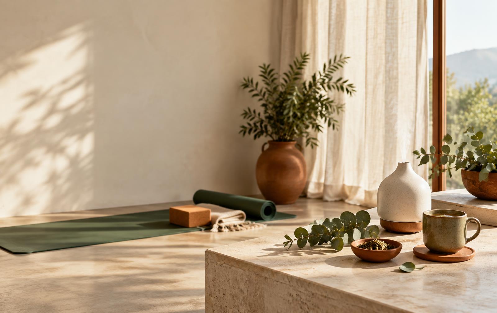 Ambiente de bem-estar com tapete de yoga, difusor e chá